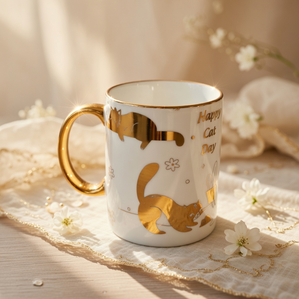3 Tazas "Happy Cat Day" Dorada $32 C/U - Image 2