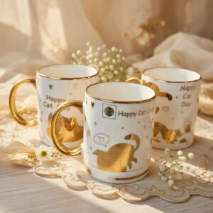 3 Tazas "Happy Cat Day" Dorada $32 C/U