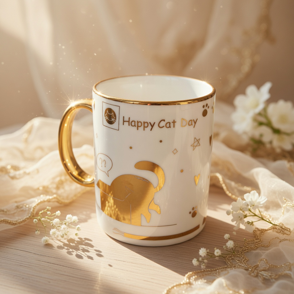 3 Tazas "Happy Cat Day" Dorada $32 C/U - Image 3