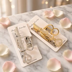 12 Pinzas para Cabello Doradas/Plateadas Corazón con Pedreria